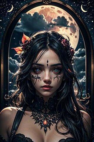 neon light art, An eye-shaped frame in the middle of the picture, inside the frame is a zombie girl, and around the frame there is a bunch of thorns., clouds, moon, stars, colorful, detailed, 4k 