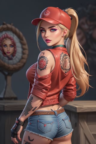 (a strong, attractive, and hot terry bogard girl, blonde hair, ponytail, blue eyes, long hair, red short jacket, baseball cap, fingerless gloves, denim shorts, large breast . Her face is oval, forehead is smooth and visibly rounded at the temples. jawline is softly defined, giving her a gentle and feminine appearance, (full body, Full of details, frontal body view, back body view, Highly detailed, Depth, Many parts), ((Masterpiece, Highest quality)), 8k, Detailed face, scars, serious expression. Infographic drawing. Multiple sexy poses. tattoos,3d, choker,