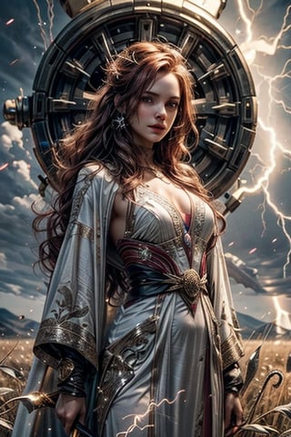 (4k), (masterpiece), (best quality),(extremely intricate), (realistic), (sharp focus), (award winning), (cinematic lighting), (extremely detailed), 

A young sorceress with long red hair, standing in a field of tall grass. She is wearing a flowing white robe with silver lightning bolts embroidered on it. Her staff is in her hand, and it is crackling with electricity. She is surrounded by a swirling vortex of lightning energy.