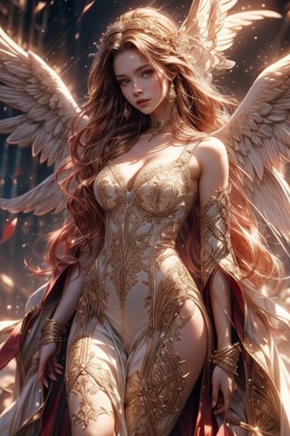 Photo of a woman named Vivi-a beautiful angel, goddess, red long hair, brown eyes, wearing white dress, dynamic pose, (4k), (masterpiece), (best quality),(extremely intricate), (realistic), (sharp focus), (award winning), (cinematic lighting), (extremely detailed), fullbody,