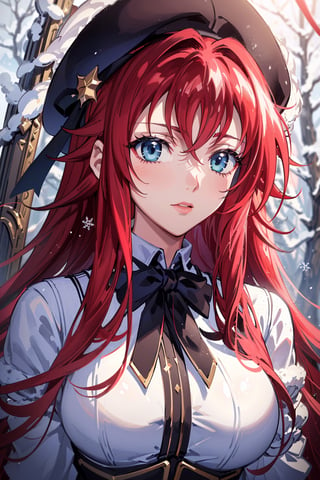 Perfect face, perfect body, perfect eyes, glamorous, gorgeous, delicate, romantic, (french beret woman, winter christmas clothes, romanticism, Harrison Fisher dark twist style, by Tokaito),((sunrise,Snowy forest)),1 girl, ((upper body),rias gremory