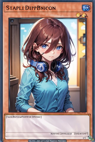 yugioh_card,(anime style),masterpiece, best quality, masterpiece,, long hair, bangs, blue eyes, brown hair, shirt, hair between eyes, headphones, cardigan, headphones around neck