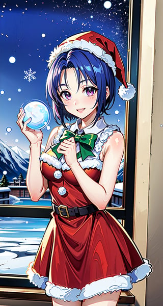 merry_christmas, smile,  christmas dress, in a snowball,haruna sairenji,aaharuna, short hair,  forehead,1 girl, in the classroom, midday, snowing through the window