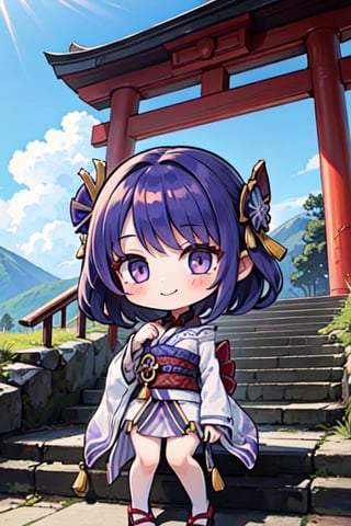 (chibi), full body, solo, 1girl,raidenshogundef, upper body, smile, blush, outdoors, day, simple background, blue sky, short hair, sky, temple, looking at viewer, stairs, mountain, moody lighting, facing viewer, long hair, purple hair, ribbon,