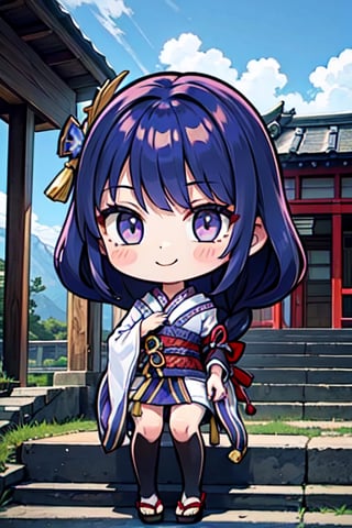 (chibi), full body, solo, 1girl,raidenshogundef, upper body, smile, blush, outdoors, day, simple background, blue sky, sky, temple, looking at viewer, stairs, mountain, moody lighting, facing viewer, long hair, 