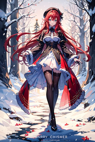 Perfect face, perfect body, perfect eyes, glamorous, gorgeous, delicate, romantic, (french beret woman, winter christmas clothes, romanticism, Harrison Fisher dark twist style, by Tokaito),((sunrise,Snowy forest)),1 girl, ((full body),rias gremory