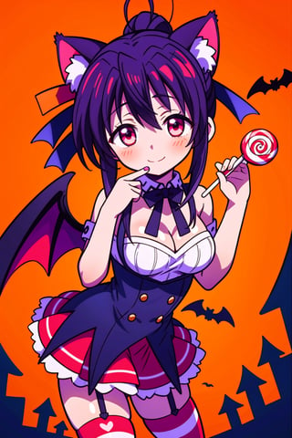 (masterpiece), halloween, candy, sweets, swirl lollipop, chocolate, candy cane, 1girl, halloween striped thighhighs, cat ears, smile, bat wings,akeno himejima