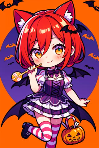 (masterpiece), halloween, candy, sweets, swirl lollipop, chocolate, candy cane, 1girl, halloween striped thighhighs, cat ears, smile, bat wings,miku nakano