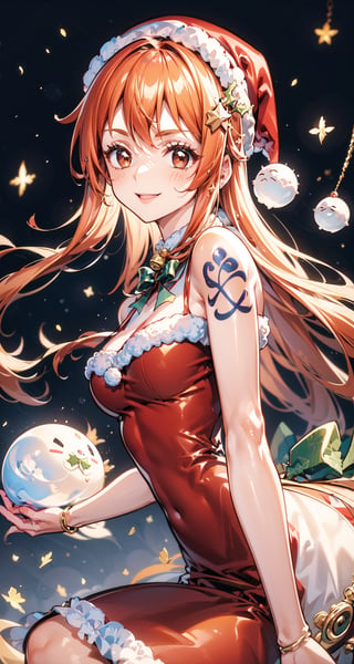 merry_christmas, smile, christmas dress, in a snowball,nami (one piece), long hair, orange hair, brown eyes, shoulder tattoo,Christmas,anime,1 girl