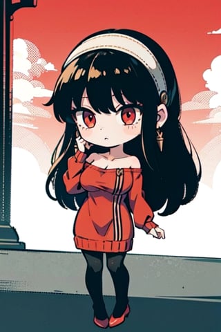 (chibi), full body, solo, 1girl,BBYORF,masterpiece, best quality, highres, bbyorf, long hair, white hairband, red eyes, gold earrings, large breasts, jewelry, off shoulder, red sweater, sweater dress, long sleeves, black pantyhose, , cowboy shot, standing, outdoors