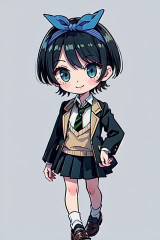 (chibi), full body, solo, 1girl, skirt, jacket, shirt, blue eyes, white shirt, necktie, green necktie, black hair, pleated skirt, socks, diagonal-striped necktie, open jacket, open clothes, striped necktie, collared shirt, black jacket, black skirt, striped, blazer, short hair, long sleeves, bangs, school uniform, black socks, diagonal stripes, hairband, hair ribbon, ribbon, blue hairband, dress shirt, bow, cowboy shot, smile, background park,