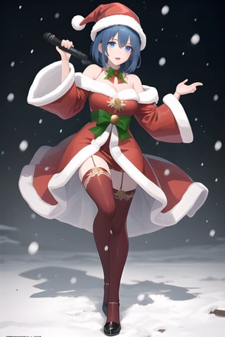 red Santa Claus costume, big waist, big thighs, medium chest, horrible lips, extremely sexy, Santa's helper costume, green costume with red details, long thigh-high stockings, fluffy coat, coat big Santa hat, background of a huge square, snow, giant Christmas tree

1girl, (singing, holding microphone), headphones,  bare shoulders, skindentation

atmospheric scene, masterpiece, best quality (detailed face, detailed skin texture, ultra detailed body), (cinematic light: 1.1), r0seb7rne-smf, extremely detailed CG, unity 8k wallpaper, ultra detailed, highly detailed | High resolution, best quality, extremely detailed, horror style, area lighting, hourglass figure, HD, 8k,(full body), short hair,aaharuna,1 girl, blue hair, blue eyes