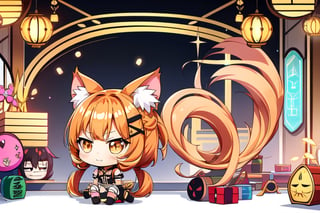 inkpunk ((style illustration chibi kirara /(genshin impact/))), chaotic background,Inkpunk style, ((1girl, solo)), Close-up, amused, animal ears, bell, blush, cat ears, cat paws, cat tail, detached sleeves, hair ornament, paw_shoes, sitting, solo, multiple tails, full body, long hair, brown hair, brown eyes