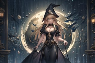  solo,black witch,balck witch hat,black witch dress,detailed face and eyes,1 girl,cleavage,playing, large moon in background, cyberpunk ,styled in Art Nouveau,insanely detailed, embellishments,high definition,concept art, digital art, tarot card,dynamic pose,full body,asia_argento,blonde hair,green eyes,parted bangs