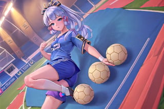 (wearing soccer_uniform:1.3),silver uniform, good hand,4k, high-res, masterpiece, best quality, head:1.3,((Hasselblad photography)), finely detailed skin, sharp focus, (cinematic lighting), collarbone, night, soft lighting, dynamic angle, [:(detailed face:1.2):0.2],(((inside_soccer_field))), solo,wearing, soccer_uniform,inside soccer_field,KAMISATOAYAKADEF,wearing soccer_uniform