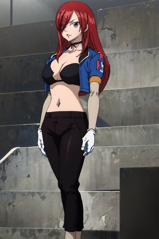 masterpiece, best quality, highres, 1girl, scar on cheek, large breasts, black choker, collarbone, blue jacket, cropped jacket, open jacket, sports bra, midriff, fingerless gloves, black gloves, black pants, , standing, cowboy shot, stair, outdoors, alone, solo, erza scarlet, fairy tail, red hair, brown eyes, long hair, looking at viewer,
