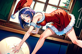 merry_christmas, smile,  christmas dress, in a snowball,haruna sairenji,aaharuna, short hair,  forehead,1 girl, in the classroom, midday