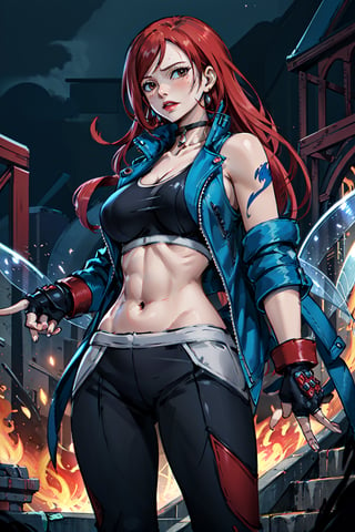 masterpiece, best quality, highres, 1girl, scar on cheek, large breasts, black choker, collarbone, blue jacket, cropped jacket, open jacket, sports bra, midriff, fingerless gloves, black gloves, black pants, , standing, cowboy shot, stair, outdoors, alone, solo, erza scarlet, fairy tail, red hair, brown eyes, long hair, looking at viewer, tattoo on left arm, red color, fairy tail
,fairy tail