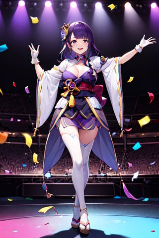 1girl, solo, full body,masterpiece, high definition,cleavage, playing,best quality, highres,((crown, gloves, dress,mfs)),(( Idol girl in dress dancing on stage with confetti)),smile, splash art anime,raidenshogundef,long hair, purple hair, purple eyes