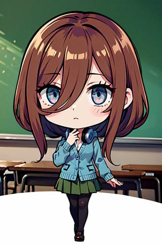 (chibi), full body, solo, 1girl, miku nakano, miku nakano, long hair, bangs, blue eyes, brown hair, shirt, hair between eyes, headphones, cardigan, headphones around neck, skirt, shirt, long sleeves, white shirt, pantyhose, pleated skirt, black pantyhose, cardigan, green skirt, blue cardigan,BREAK indoors, classroom,looking at viewer,  (masterpiece:1.2), best quality, high resolution, unity 8k wallpaper, (illustration:0.8), (beautiful detailed eyes:1.6), extremely detailed face, perfect lighting, extremely detailed CG, (perfect hands, perfect anatomy),