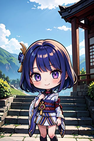 (chibi), full body, solo, 1girl,raidenshogundef, upper body, smile, blush, outdoors, day, simple background, blue sky, short hair, sky, temple, looking at viewer, stairs, mountain, moody lighting, facing viewer,