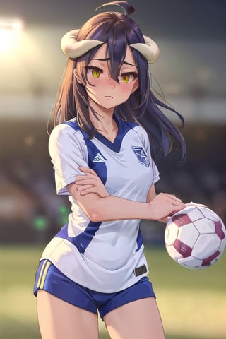 (wearing soccer_uniform:1.3),white uniform, good hand,4k, high-res, masterpiece, best quality, head:1.3,((Hasselblad photography)), finely detailed skin, sharp focus, (cinematic lighting), collarbone, night, soft lighting, dynamic angle, [:(detailed face:1.2):0.2],(((inside_soccer_field))), solo,wearing, soccer_uniform,inside soccer_field,wearing soccer_uniform, al1, demon horns, slit pupils