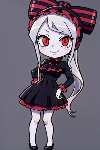 (chibi), full body, solo, 1girl,shalltear, gray hair, very long hair, medium breasts, red eyes, pony tail, bonnet, hair bow, black dress, looking at viewer, seductive smile, captivating pose, cowboy shot, evil smile, simple background