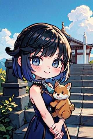 (chibi), full body, solo, 1girl, yelan_\(genshin_impact\),  upper body, smile, blush, outdoors, day, simple background, blue sky, short hair, sky, temple, looking at viewer, stairs, mountain, moody lighting, facing viewer,