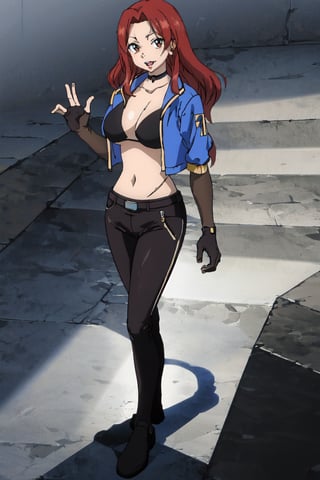 masterpiece, best quality, highres, 1girl, scar on cheek, large breasts, black choker, collarbone, blue jacket, cropped jacket, open jacket, sports bra, midriff, fingerless gloves, black gloves, black pants, , standing, cowboy shot, stair, outdoors, alone, red hair, brown eyes, long hair, looking at viewer, serious, mouth closed,
