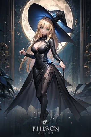  solo,black witch,balck witch hat,black witch dress,detailed face and eyes,1 girl,cleavage,playing, large moon in background, cyberpunk ,styled in Art Nouveau,insanely detailed, embellishments,high definition,concept art, digital art, tarot card,dynamic pose,full body,asia_argento,blonde hair,green eyes,parted bangs