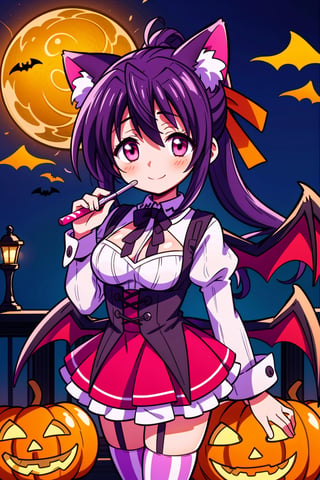 (masterpiece), halloween, candy, sweets, swirl lollipop, chocolate, candy cane, 1girl, halloween striped thighhighs, cat ears, smile, bat wings,akeno himejima