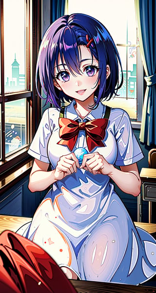 merry_christmas, smile,  christmas dress, in a snowball,haruna sairenji,aaharuna, short hair,  forehead,1 girl, in the classroom, midday, snowing through the window