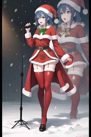 red Santa Claus costume, big waist, big thighs, medium chest, horrible lips, extremely sexy, Santa's helper costume, green costume with red details, long thigh-high stockings, fluffy coat, coat big Santa hat, background of a huge square, snow, giant Christmas tree

1girl, (singing, holding microphone), headphones,  bare shoulders, skindentation

atmospheric scene, masterpiece, best quality (detailed face, detailed skin texture, ultra detailed body), (cinematic light: 1.1), r0seb7rne-smf, extremely detailed CG, unity 8k wallpaper, ultra detailed, highly detailed | High resolution, best quality, extremely detailed, horror style, area lighting, hourglass figure, HD, 8k,(full body), short hair,aaharuna,1 girl, blue hair, blue eyes