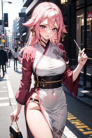 The image shows a woman in a pink kimono standing on a street in a city. She has long, pink hair and is wearing a white blouse and pink kimono. She is holding a purse and has a cigarette in her hand. The background is a city street with buildings and cars in the distance. The overall mood of the image is sexy and alluring.,china dress with heart cutout,yaemikodef, purple eyes