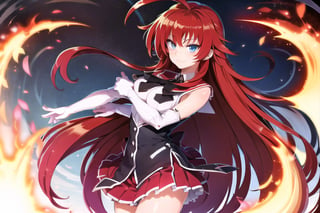 1GIRL RIAS_GREMORY,red hair, ahoge, blue eyes,very long hair, parted bangs, sailor senshi uniform, red sailor collar, red skirt, elbow gloves, standing, cowboy shot, smile, cartoon flames in background, stylized background,