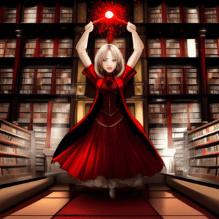 mage (casting a spell:1.1) (in a library:1.2), headshot , red ajah, sinister fierce pose, arms out, red dress, particle effects
