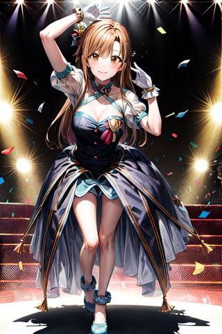 ((masterpiece, best quality), detailed, highres, extremely detailed, beautiful detailed eyes, ultra-detailed),1girl, solo, full body,cleavage, playing,((crown, gloves, dress,mfs)),((Idol girl in dress dancing on stage with confetti)),smile, splash art anime,(long hair,brown hair,(brown eyes:2) ),asuna yuuki