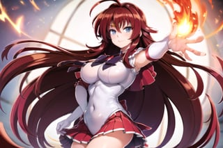 1GIRL RIAS_GREMORY,red hair, ahoge, blue eyes,very long hair, parted bangs, sailor senshi uniform, red sailor collar, red skirt, elbow gloves, standing, cowboy shot, smile, cartoon flames in background, stylized background,