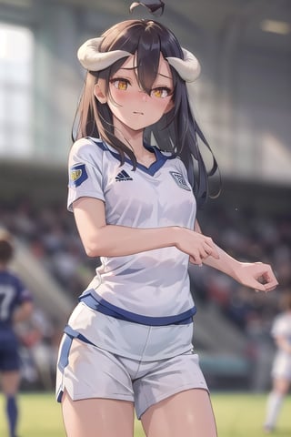 (wearing soccer_uniform:1.3),white uniform, good hand,4k, high-res, masterpiece, best quality, head:1.3,((Hasselblad photography)), finely detailed skin, sharp focus, (cinematic lighting), collarbone, night, soft lighting, dynamic angle, [:(detailed face:1.2):0.2],(((inside_soccer_field))), solo,wearing, soccer_uniform,inside soccer_field,wearing soccer_uniform, al1, demon horns, slit pupils