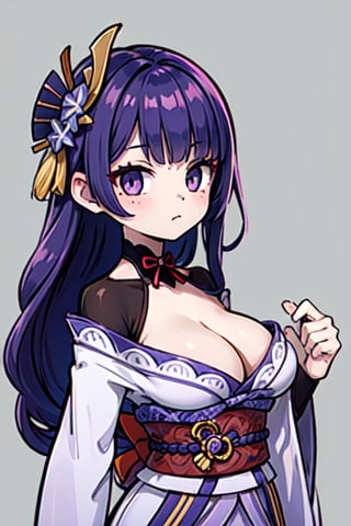 (chibi), full body, solo, 1girl,raidenshogundef, raiden shogun, braid, large breasts, hair flower, looking at viewer, long hair, purple hair, ribbon, mole, closed mouth, purple flower, shoulder armor, japanese clothes, hair ornament, kimono, flower, armor, solo, purple eyes, cleavage, purple kimono, 1girl, upper body,