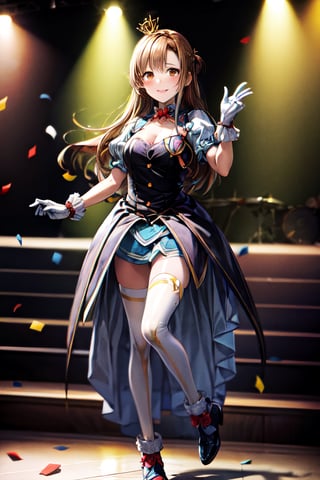 ((masterpiece, best quality), detailed, highres, extremely detailed, beautiful detailed eyes, ultra-detailed),1girl, solo, full body,cleavage, playing,((crown, gloves, dress,mfs)),((Idol girl in dress dancing on stage with confetti)),smile, splash art anime,(long hair,brown hair,(brown eyes:2) ),asuna yuuki