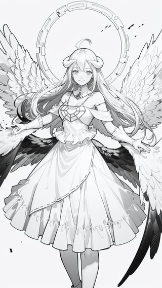 1girl,solo,dynamic pose,cowboy shot,lineart, monochrome,masterpiece, best quality, highres, al1, demon horns, slit pupils, white gloves, white dress, bare shoulders, detached collar, cleavage, black wings, feathered wings, low wings, , cowboy shot, standing, smile, dungeon, evil smile,