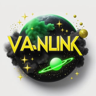Text that reads "VANNLINK" in yellow, black,metallic,white, green, neon, sparkles,smoke,planet
