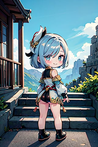 (chibi), full body, solo, 1girl, shenhedef, lower body, smile, blush, outdoors, day, simple background, blue sky, short hair, sky, temple, looking at viewer, stairs, mountain, moody lighting, ass, from behind,