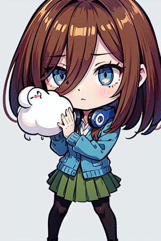 (chibi), full body, solo, 1girl, miku nakano, miku nakano, long hair, bangs, blue eyes, brown hair, shirt, hair between eyes, headphones, cardigan, headphones around neck, skirt, shirt, long sleeves, white shirt, pantyhose, pleated skirt, black pantyhose, cardigan, green skirt, blue cardigan,(masterpiece:1.2), best quality, high resolution, unity 8k wallpaper, (illustration:0.8), (beautiful detailed eyes:1.6), extremely detailed face, perfect lighting, extremely detailed CG, (perfect hands, perfect anatomy), blank_background