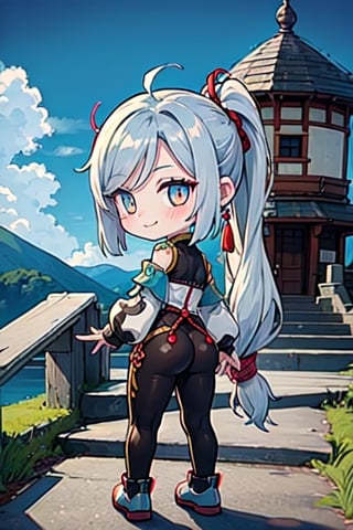 (chibi), full body, solo, 1girl, shenhedef, lower body, smile, blush, outdoors, day, simple background, blue sky, long hair, long_ponytail, sky, temple, looking at viewer, stairs, mountain, moody lighting, ass, from behind,