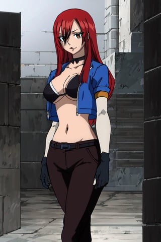 masterpiece, best quality, highres, 1girl, scar on cheek, large breasts, black choker, collarbone, blue jacket, cropped jacket, open jacket, sports bra, midriff, fingerless gloves, black gloves, black pants, , standing, cowboy shot, stair, outdoors, alone, solo, erza scarlet, fairy tail, red hair, brown eyes, long hair, looking at viewer,
