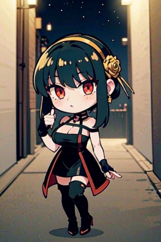 (chibi), full body, solo, 1girl,BBYORF, sidelocks, gold hairband, hair ornament, red eyes, gold earring, large breasts, choker, bare shoulders, black dress, two-sided dress, fingerless gloves, thigh boots, , cowboy shot, standing, looking at viewer, outdoors, night