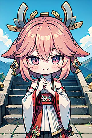 (chibi), full body, solo, 1girl,yaemikodef, upper body, smile, blush, outdoors, day, simple background, blue sky, short hair, sky, temple, looking at viewer, stairs, mountain, moody lighting, facing viewer,