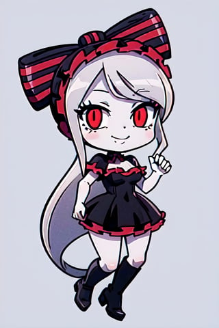 (chibi), full body, solo, 1girl,shalltear, gray hair, very long hair, medium breasts, red eyes, pony tail, bonnet, hair bow, black dress, looking at viewer, seductive smile, captivating pose, cowboy shot, evil smile, simple background